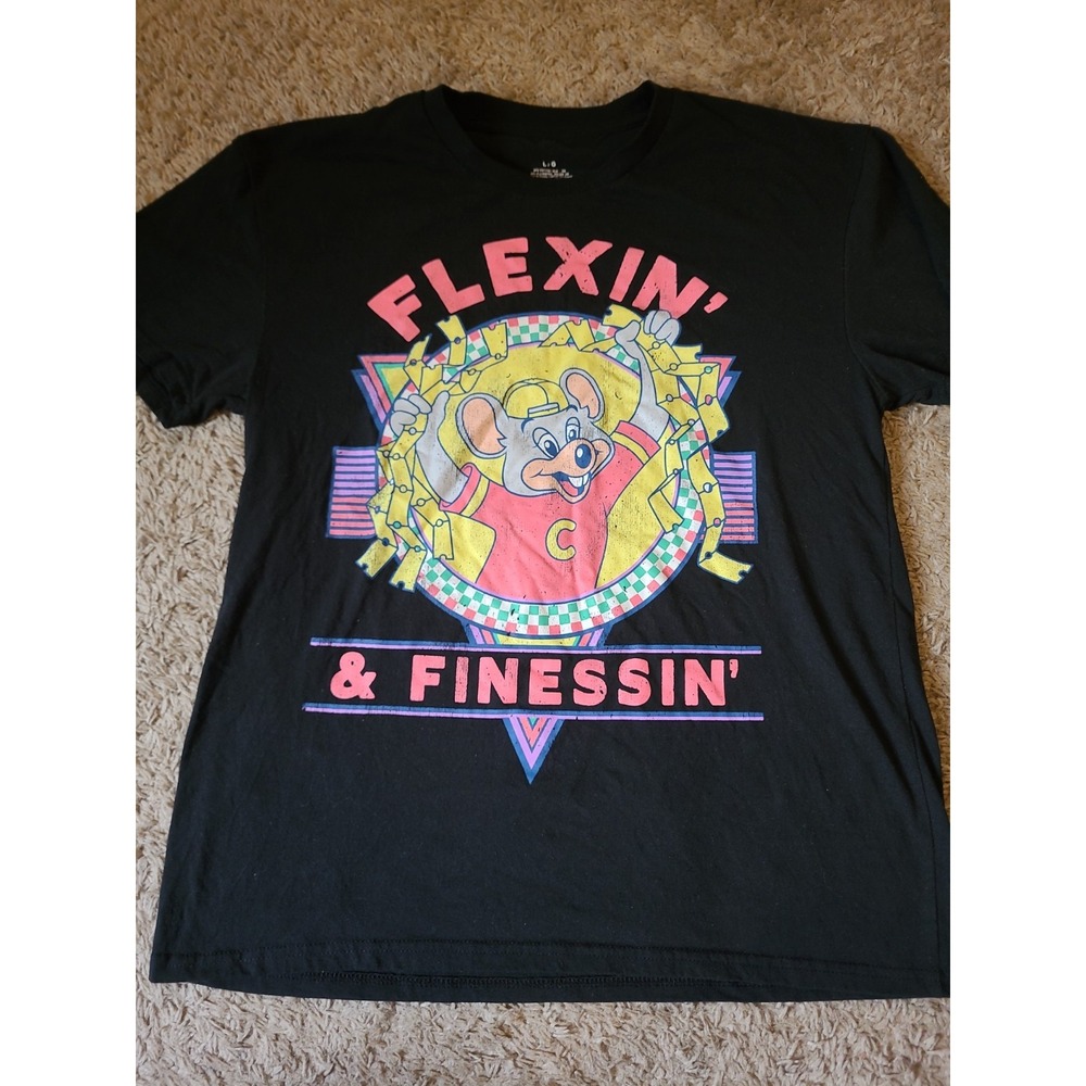 Chuck E Cheese Flexin And Finessin T Shirt Mens Large Black Graphic Tee Retro
